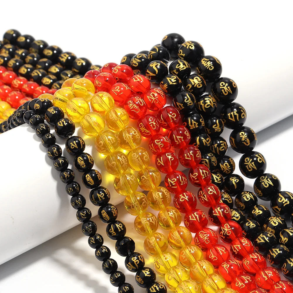 6/8/10/12mm Six-character Mantra Glass Golden Round Beads Buddhist Red Yellow Black Beads Semi-finished Handmade Jewelry Making