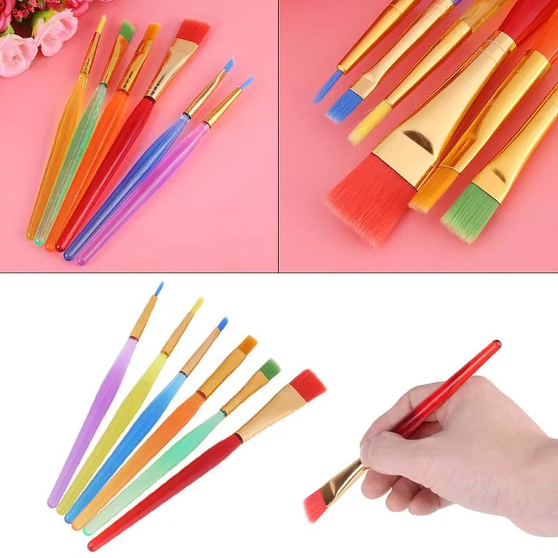 LISI 6pcs Colored Plastic Handle Nylon Hair Round Flat Preschool Paint Brushes for Toddler Washable Paint Acrylic Oil Watercolor