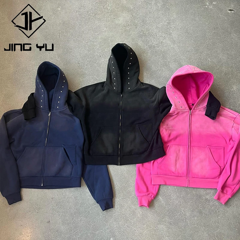 functional Custom rivet rhinestone Hoodie Fleece Jacket French Terry Cotton Vintage Distressed Gradient acid wash zip up Hoodie