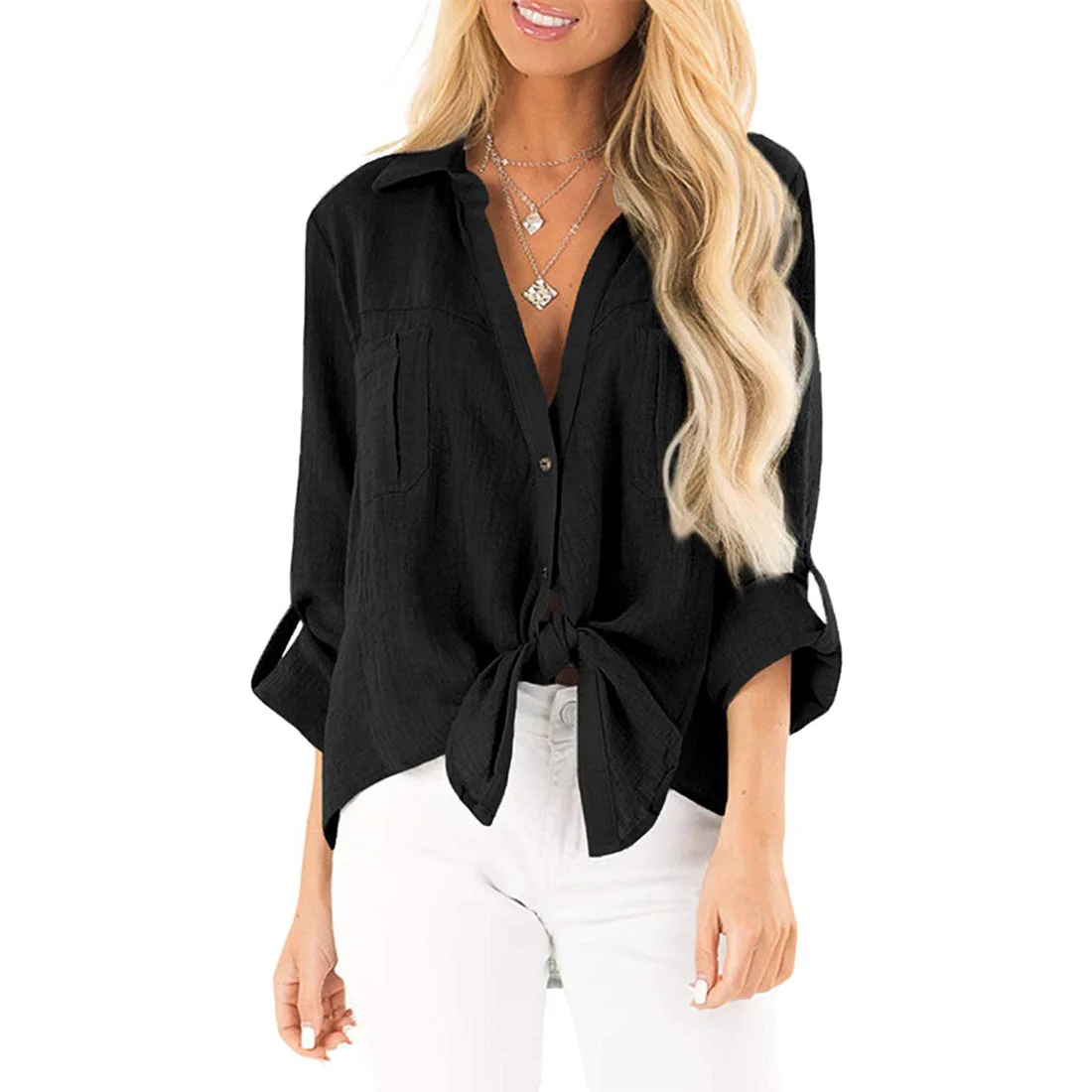 Spring and Autumn New Cotton and Linen Blouse Hot Style American V Neck Tied Knot Casual Loose Long Sleeve Blouse for Women