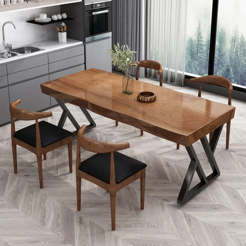 Log dining table and chair simple solid wood big board table dining table and chair combination in Home Restaurant