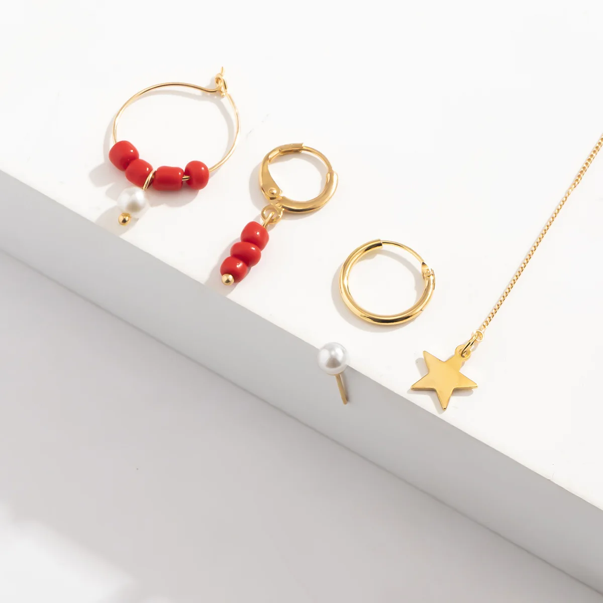 Minimalist Long Tassel Star Heart Stud Earrings Chic Pearl & Bead Color-Block Earring Set