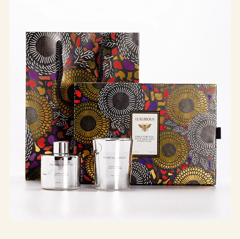 Souvenir Gift box set Private label Black silver electroplate reed diffuser and candle scented luxury set