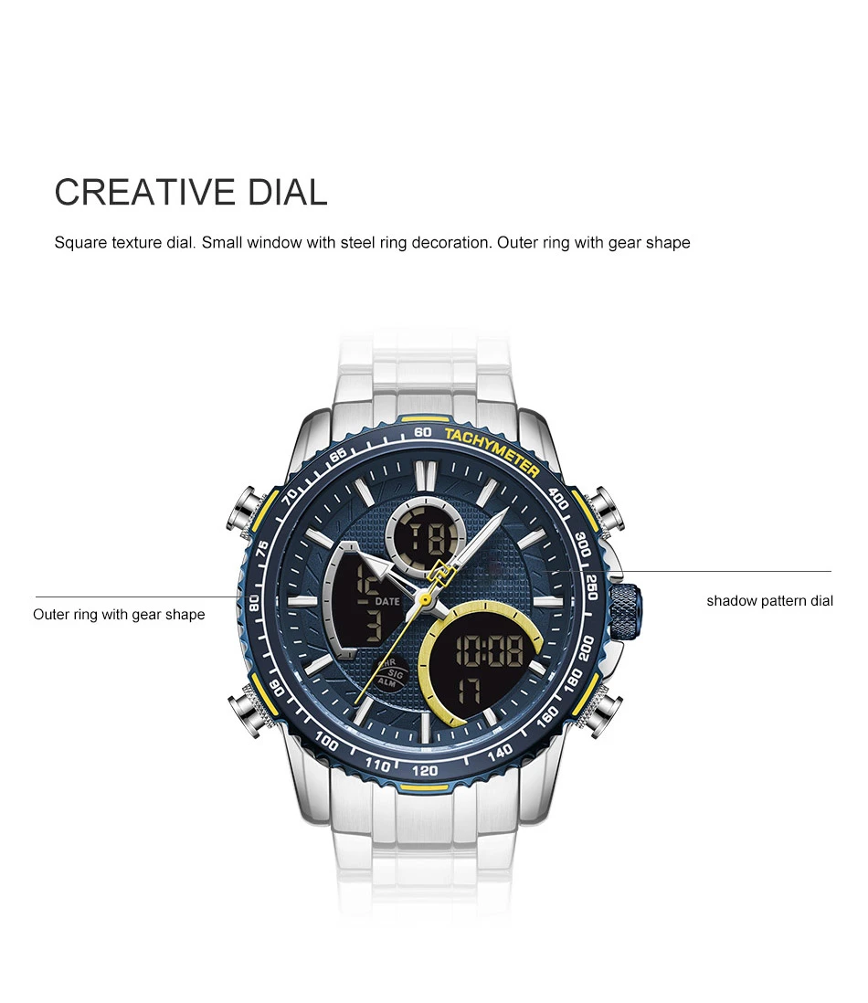 LH8017 3ATM Water Resistant Stainless Steel Watch Mens Fashion Wristwatch 3 time analog digital quartz watch for men OEM