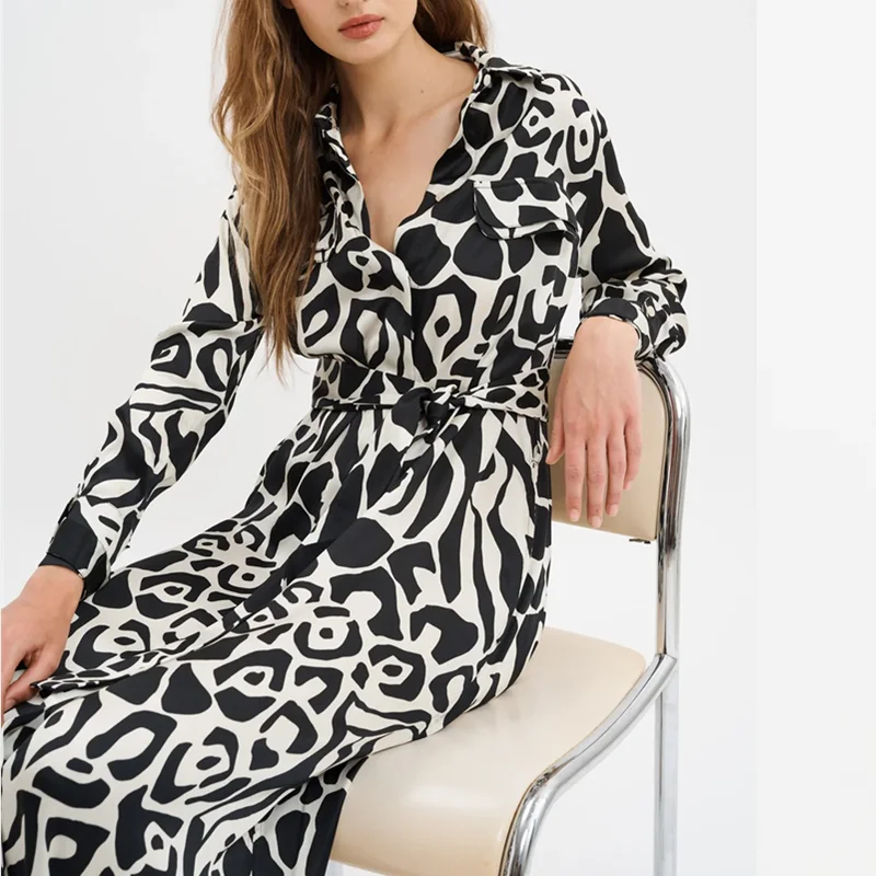 Wear Belt with Side Pockets Printing Maxi Dress Long Sleeves Shirt Dress Garments Manufacturer