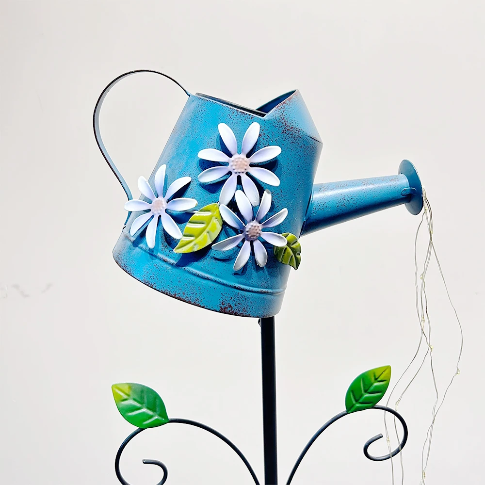 Outdoor Garden Metal Blue Kettle Stake with Micro Chain LED Solar Lights Watering Can Decoration Ornament
