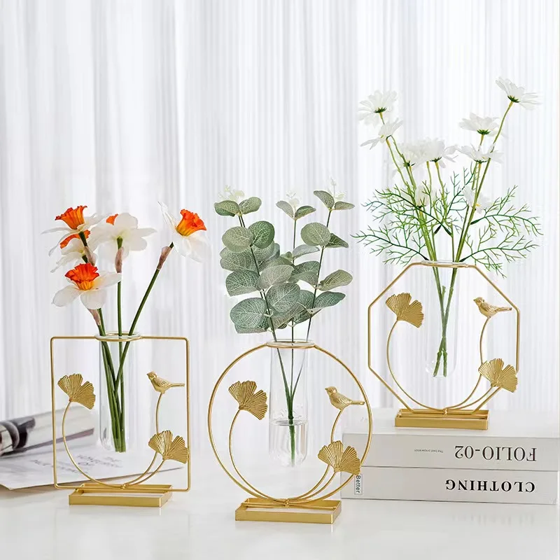 Creative home decor living room desktop flower arranger ornaments small gold flower hydroponic cylinder glass vases