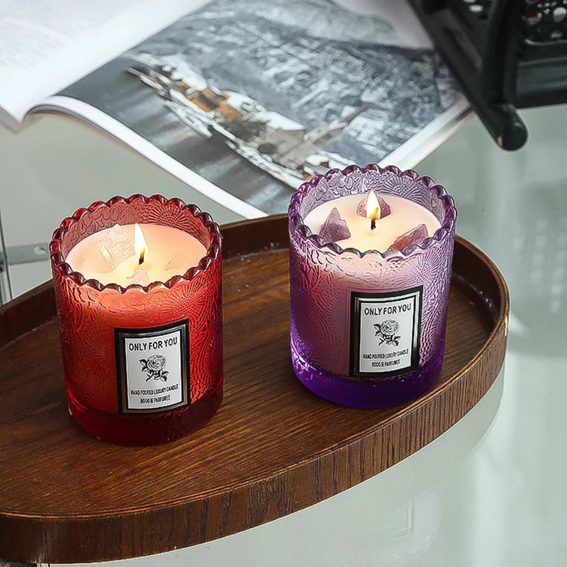 Embossed Design Cup White Soy Wax gardenia scented Crystal Decoration fragrance Candle