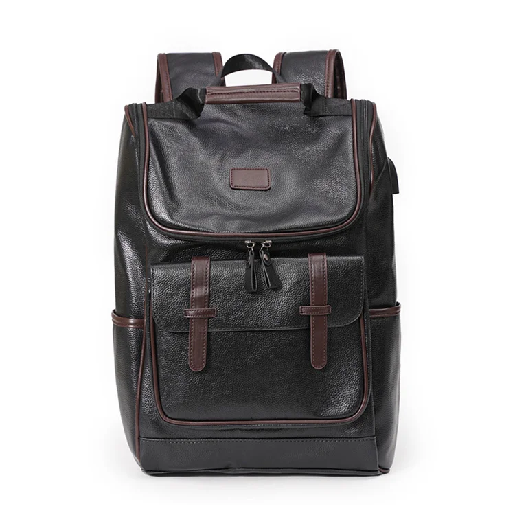 New Fashion High Capacity Pure PU Leather Backpack Black Travelling Laptop Backpack Bag With USB Charging Port