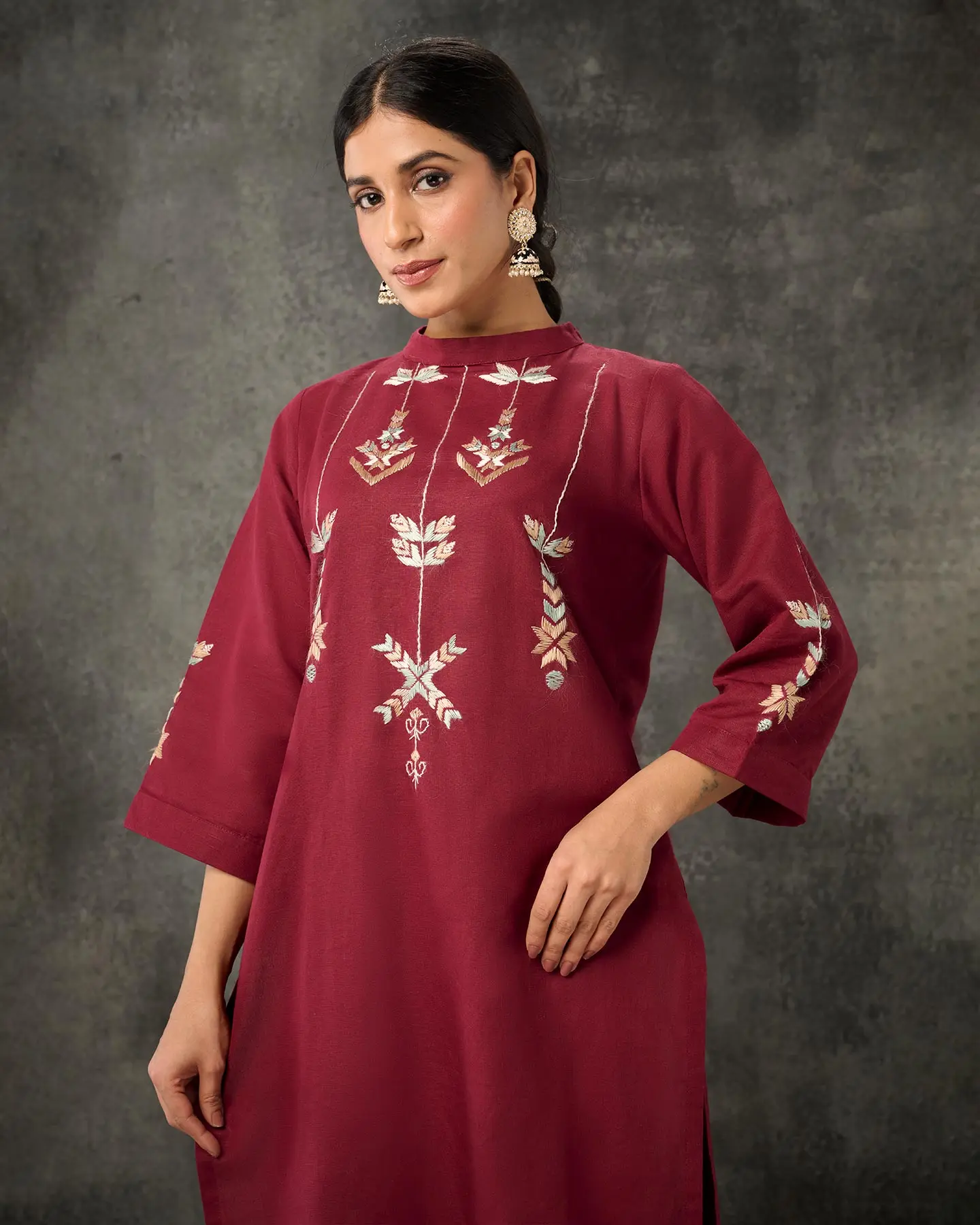 Women 2024 New Arrival Pure cotton linen kurti with Phulkari Embroidery Handwork front neck design ethnic cloths