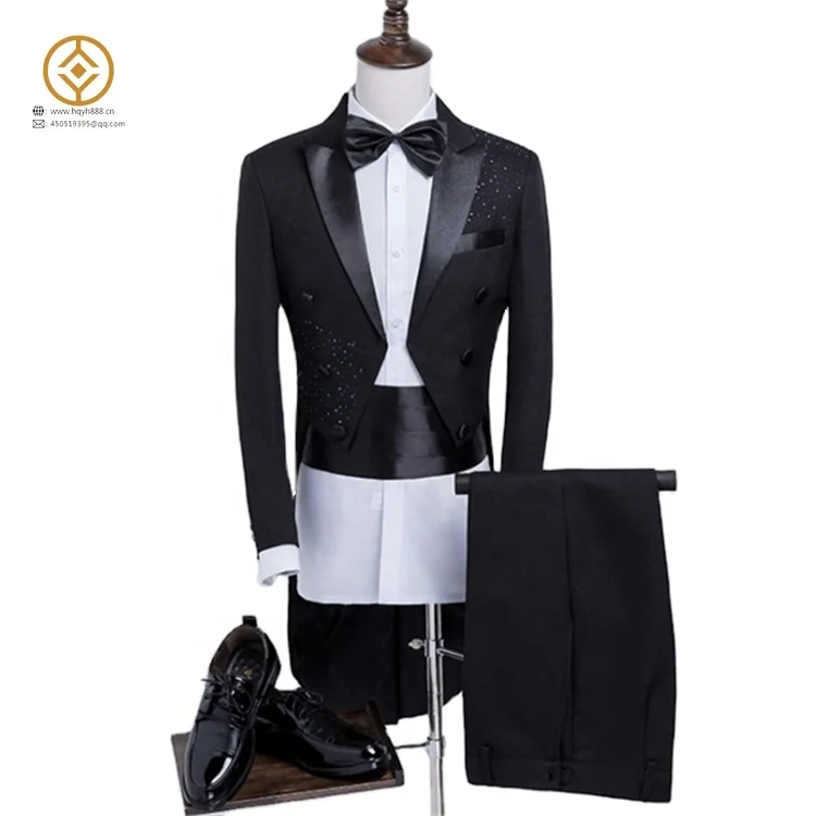 Mens Fashion Black White Crystal Wedding Tuxedo Gentleman Shiny Singer 2021