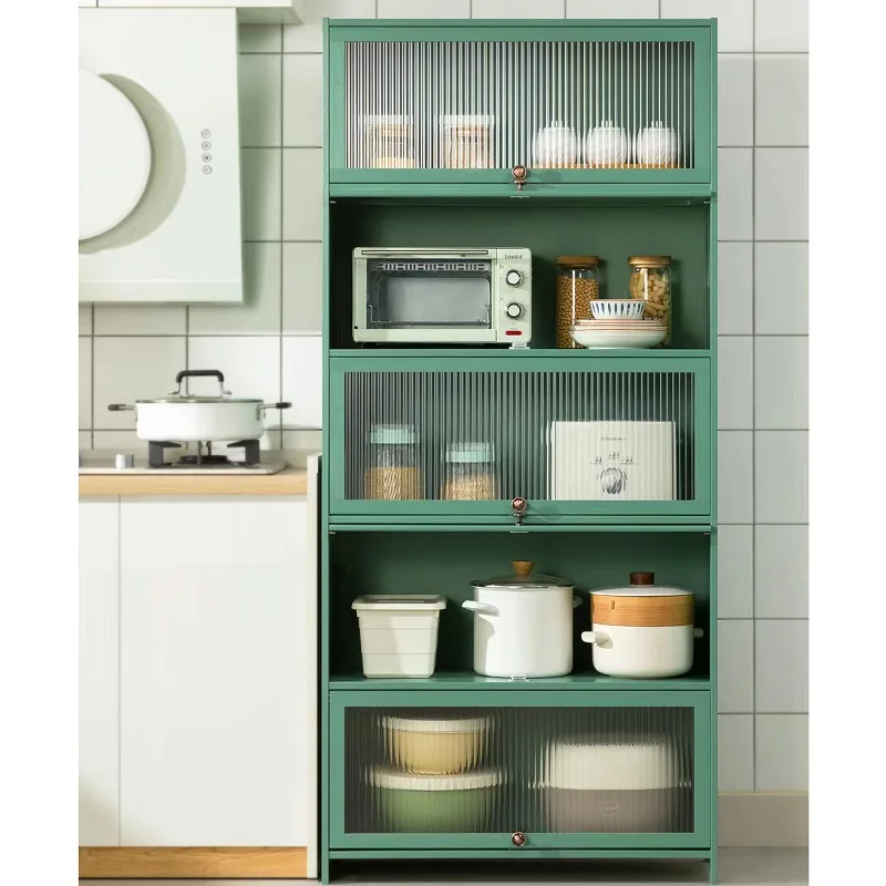 Floor Standing Dustproof Door Bamboo Kitchen Bowl Spice Dishes Organizer Storage Cabinet