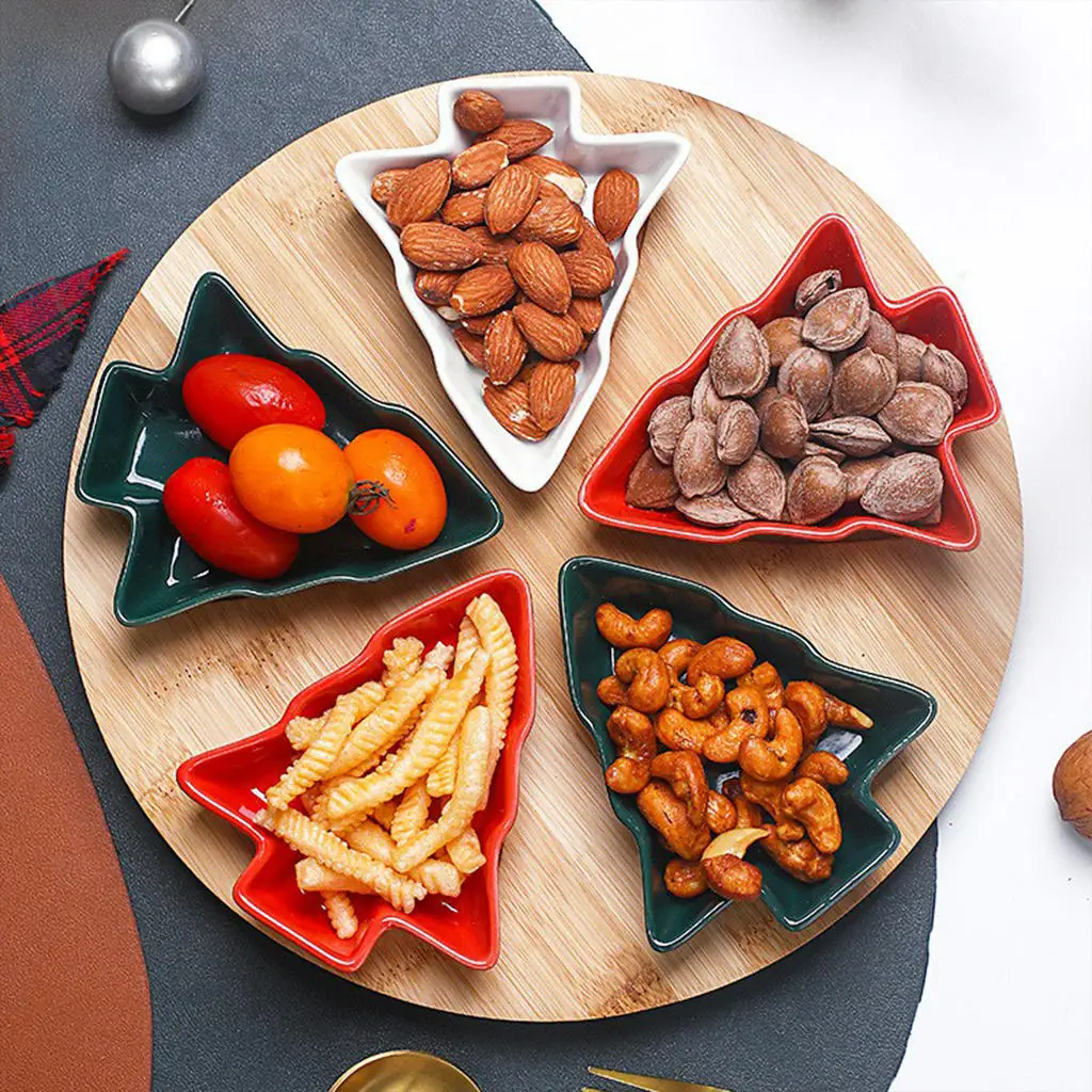 Christmas Tree Shaped Plates with Bamboo Tray Candy Nut Serving Container Platters Snacks Fruits Plate Ceramic Snack Tray