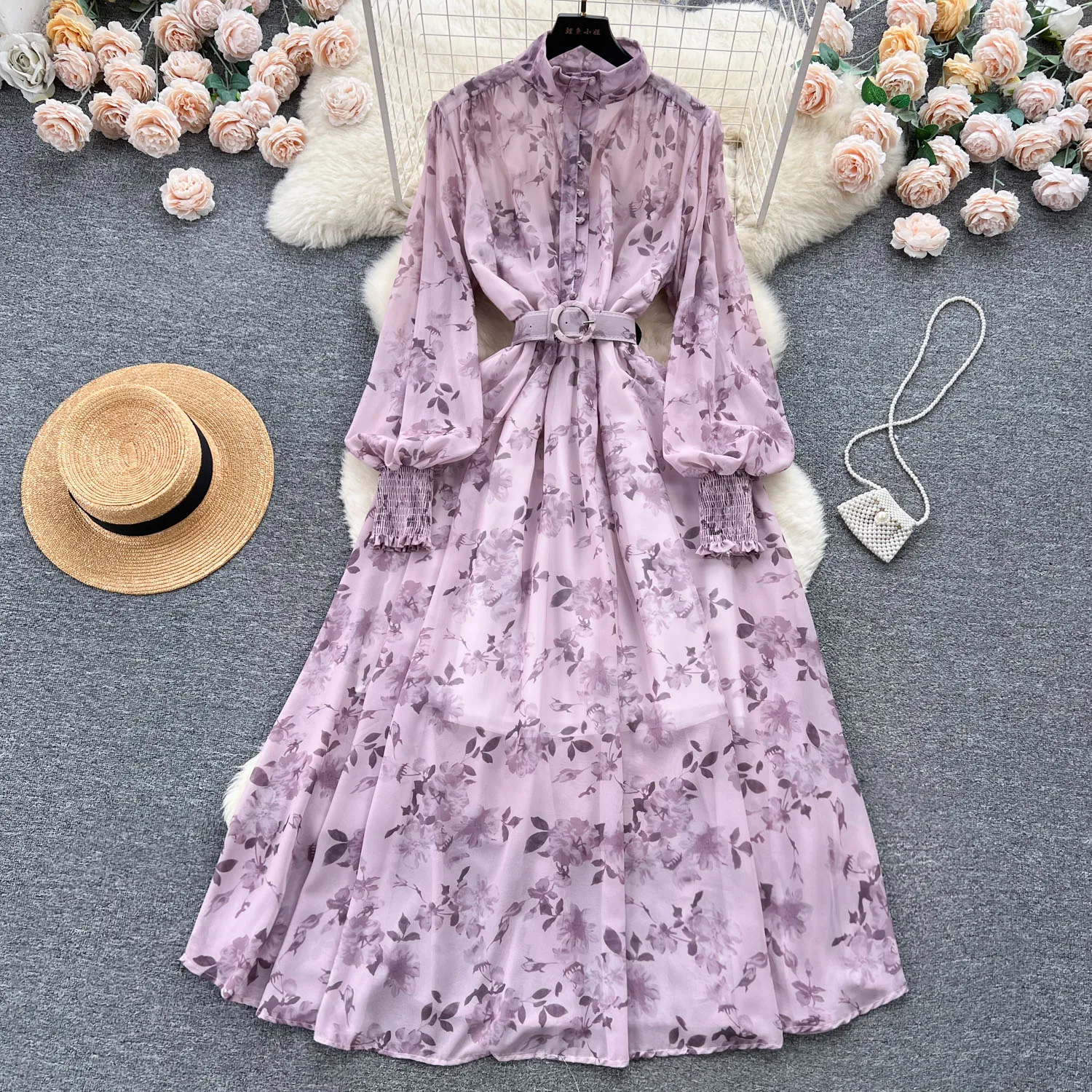 Wholesale new fashion french style maxi bubble long sleeve print ladies shirt floral fall casual chiffon dresses women