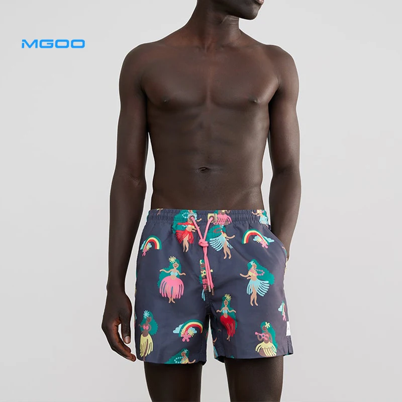 MGOO Recycled white spandex shorts running men shorts 4 way stretch beachwear Hula Girl Hoo Haa