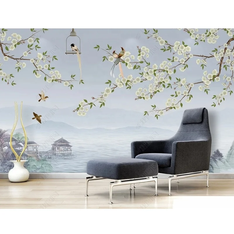 Customized HD Hot Sale Spring River Flower and Bird Picture Living Room TV Background Wallpaper