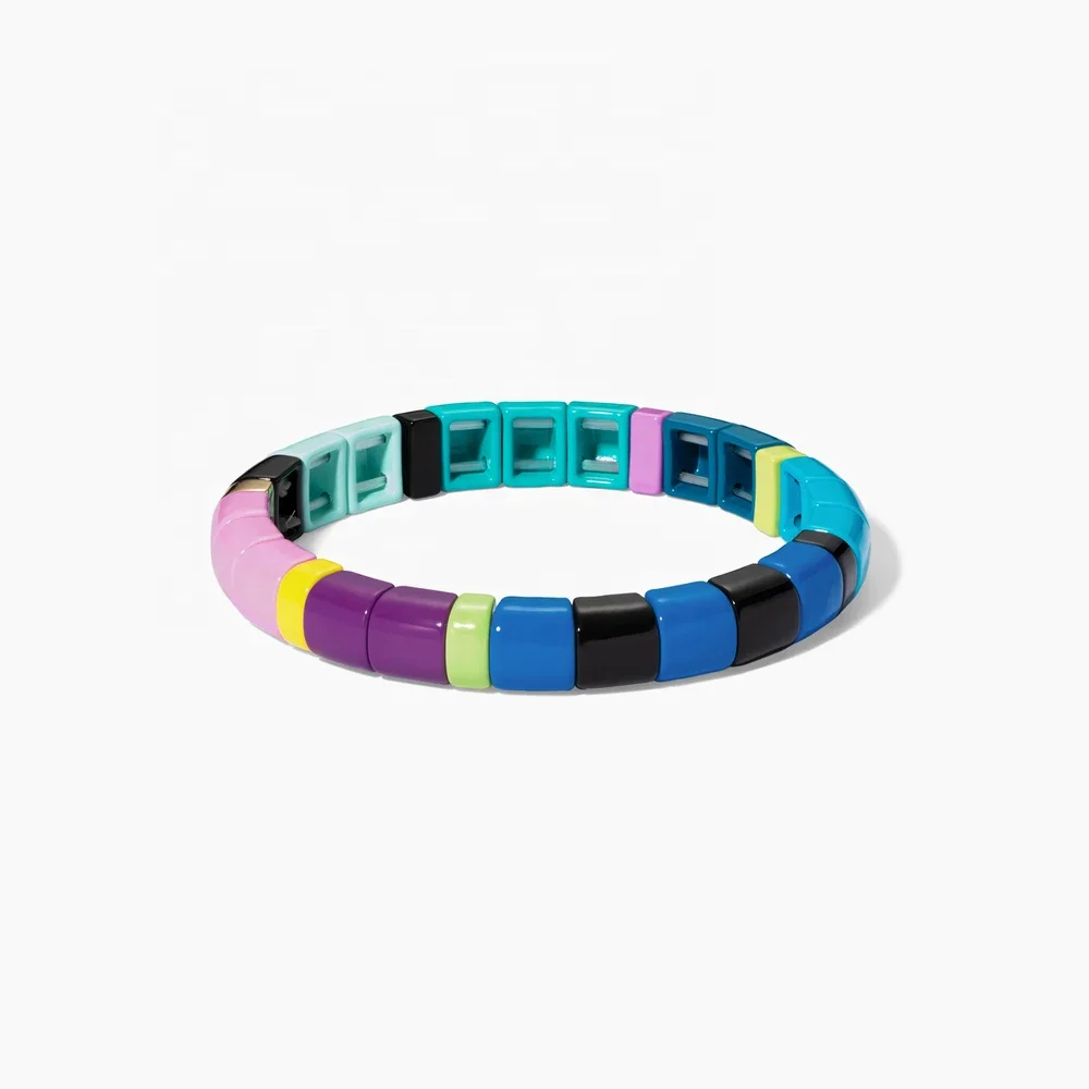 
customized Colorful Enamel Argyle Bracelet Friendship Tile Bead Stretchy Bracelet Rainbow Enamel Alloy Tile Beads Wholesale 