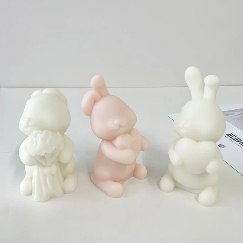 Three cartoon rabbit silicone candle mold heart hugging rabbit plaster ornaments DIY rabbit silicone mold