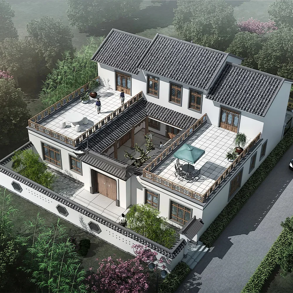 Design effect drawing for construction of rural self-built houses with courtyard of Chinese-style two-story quadrangle villa