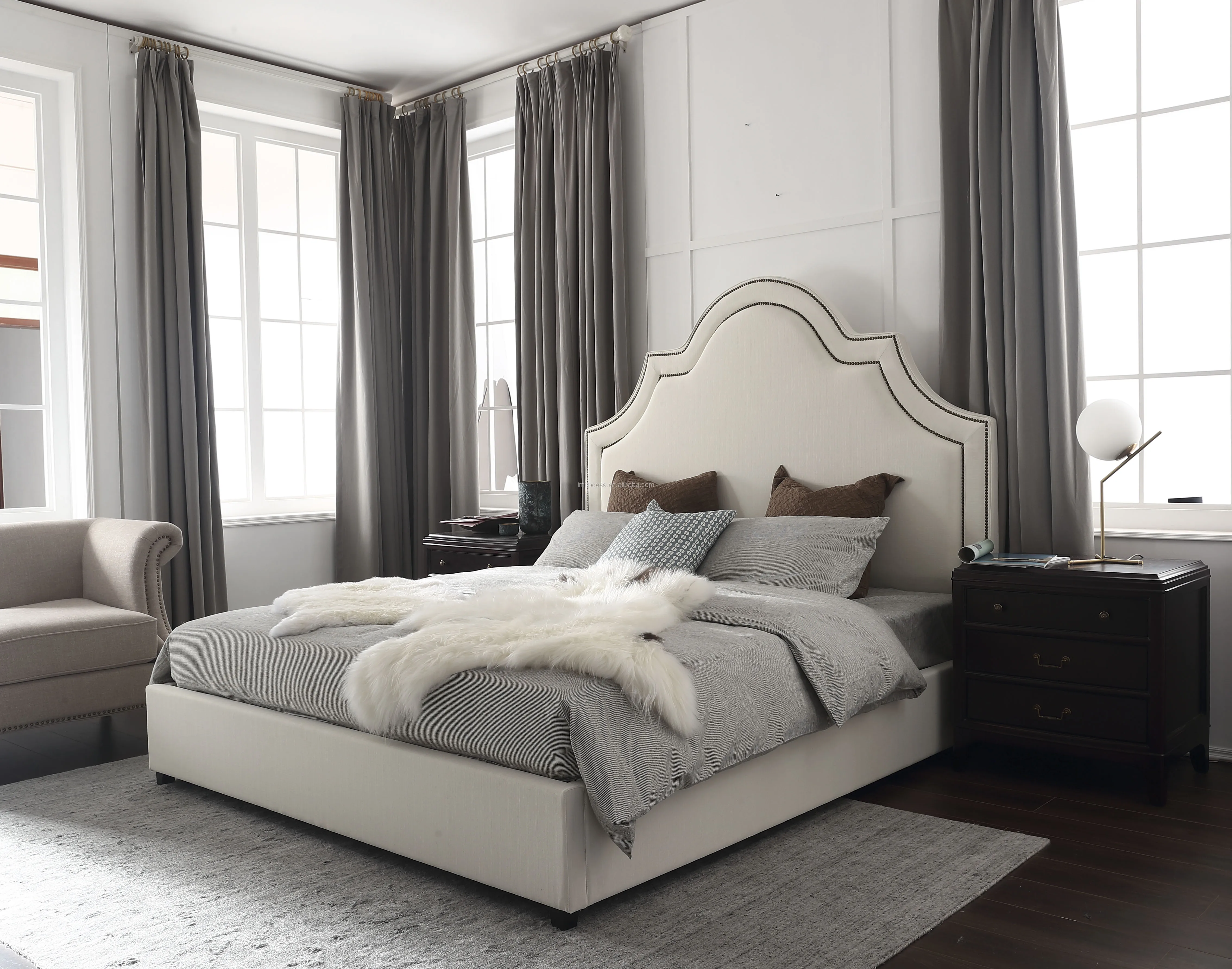 
American Modern Green Leather Upholstered King & Queen Size Bed Vintage Home Furniture Bedroom Set Solid Wood Quality Bed 