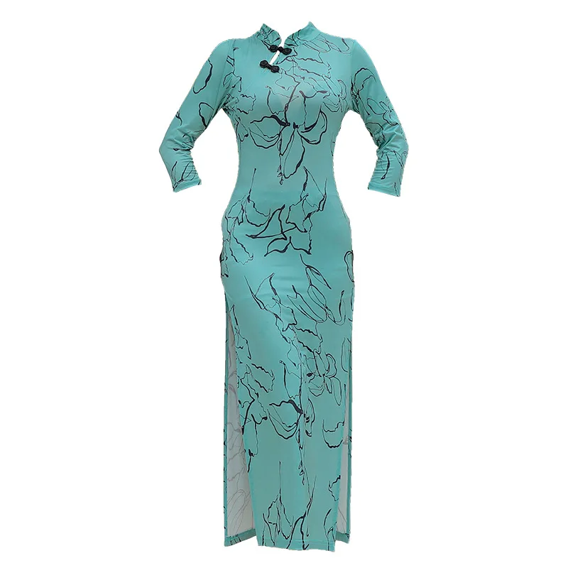 Printed Slit Thin Table Performance Dress Elastic Training Woman Chinese Style Classical Folk Dance Cheongsam
