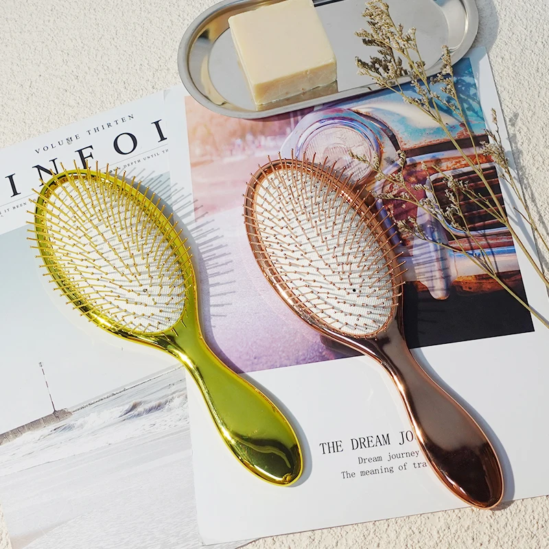 New Design Metal Pins Bristle Wig Brush Round Paddle Detangling Electroplating Hair Brush Curved Metal Pins Hair Brush