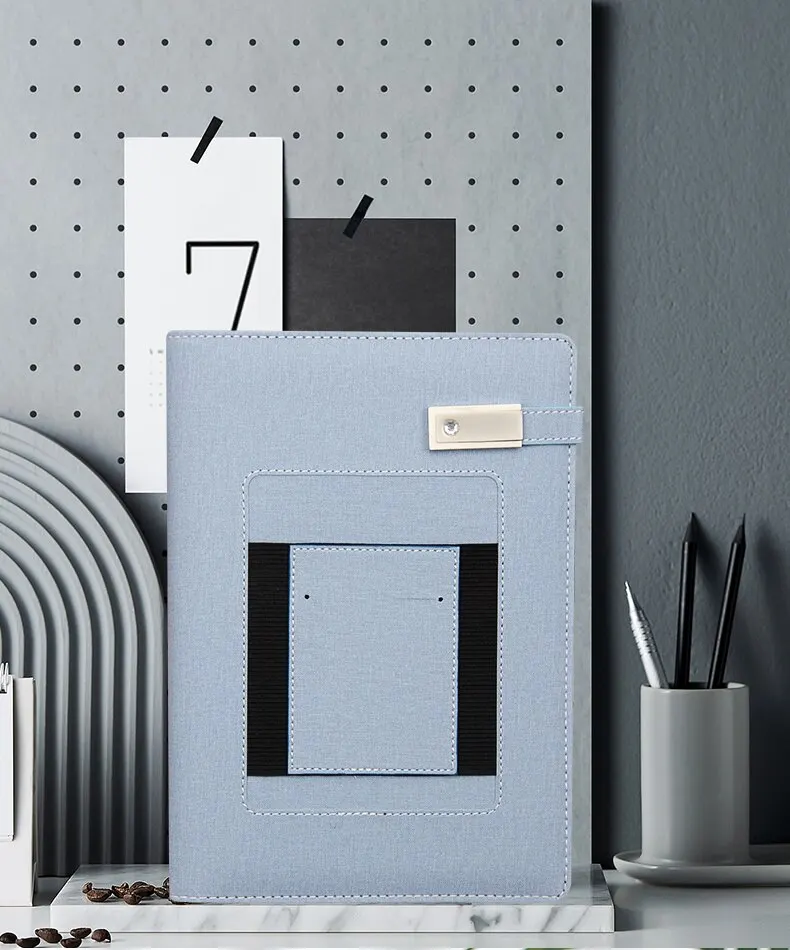 2023 New Design Custom LED Light Logo A5 PU Leather Agenda 8000mah Wireless Charger Power Bank Diary Notebook With USB