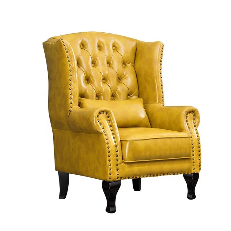 High quality American style wooden antique leather lounge single sofa chair yellow