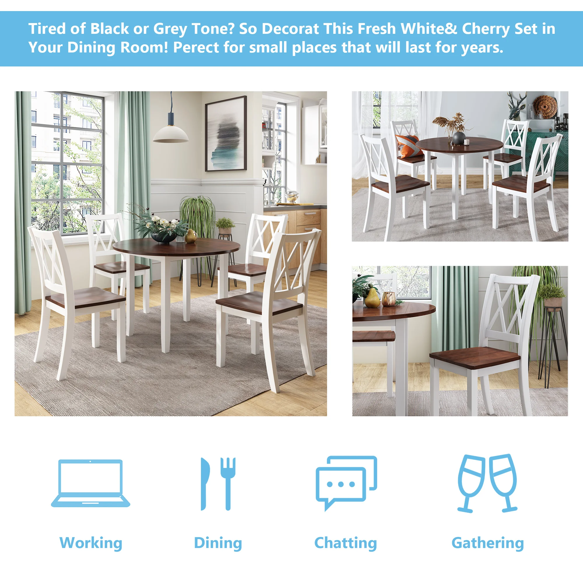 Набор обеденных столов TOPMAX, комплект из 5 круглых деревянных подвесных листьев с 4 крестовыми спинками для небольших мест, белый цвет + Вишня