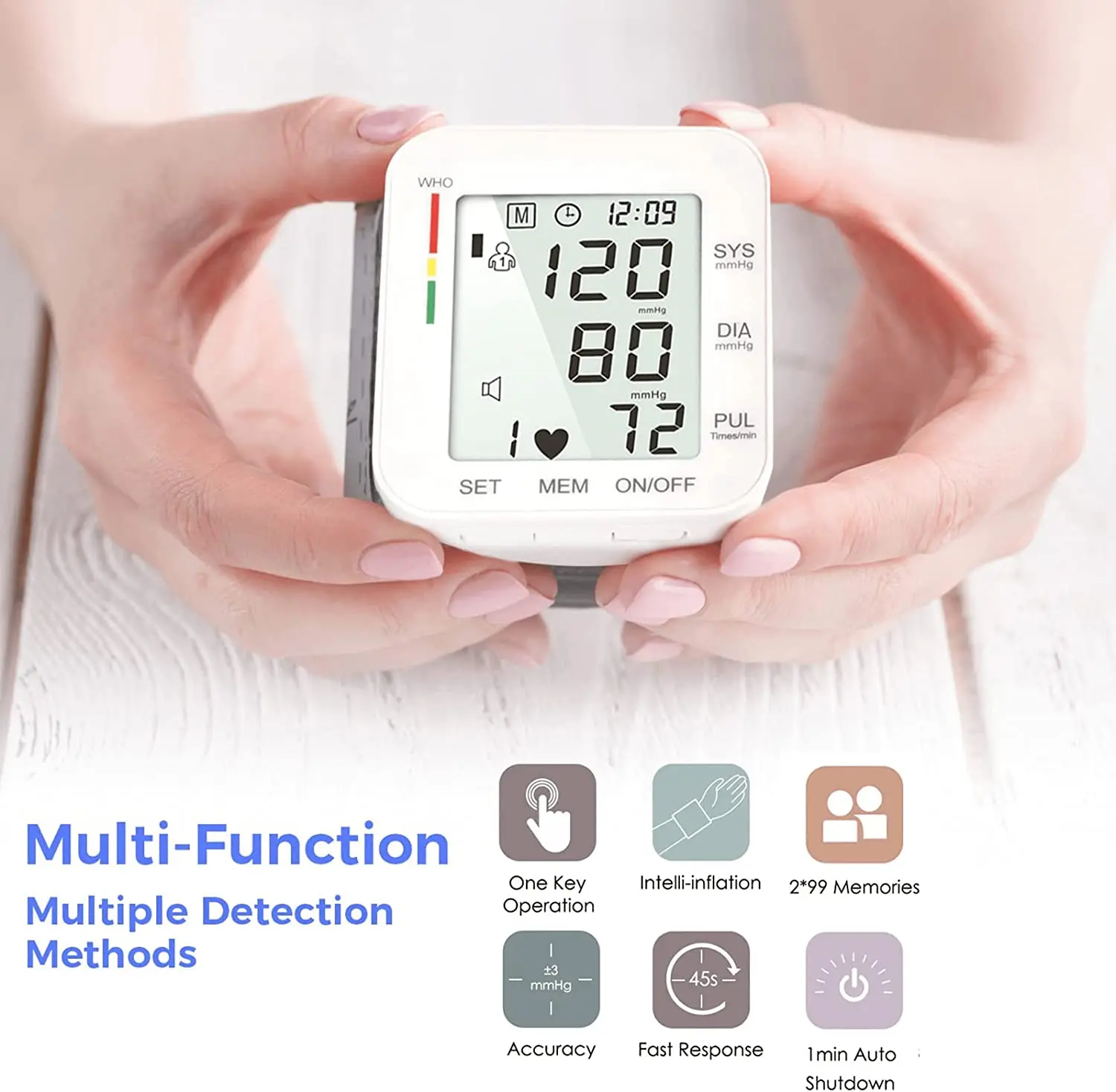 Blood Pressure Monitor Wrist Bp Monitor Large LCD Display Blood Pressure Machine Adjustable Wrist Cuff 5.31-7.68 inch