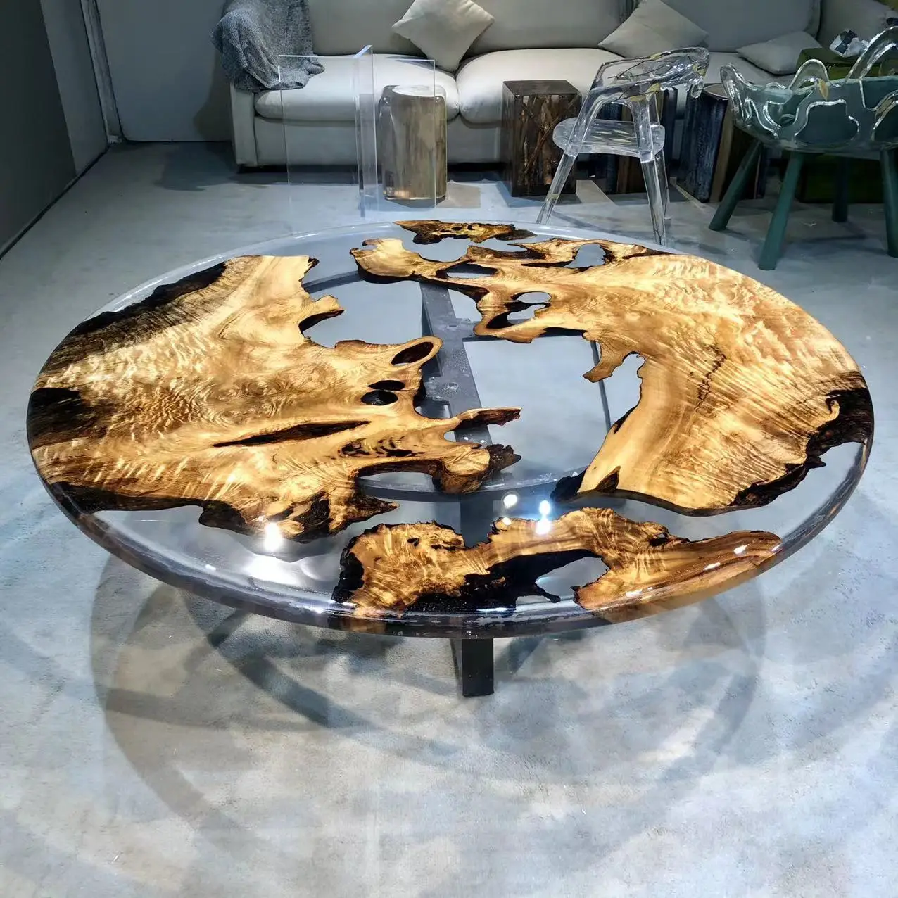 Wholesale Custom Natural Wood Epoxy Resin Dining Table Transparent Resin Coffee Round Table