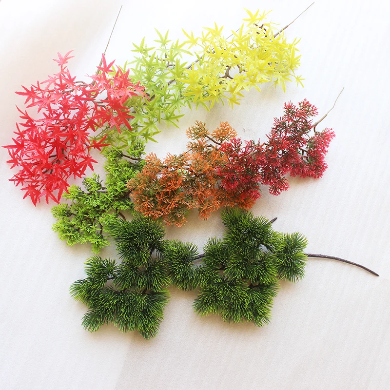 bonsai trees fake pine plastic maple branches artificial small spinny  spray green yellow red colorful leaf garden supplies
