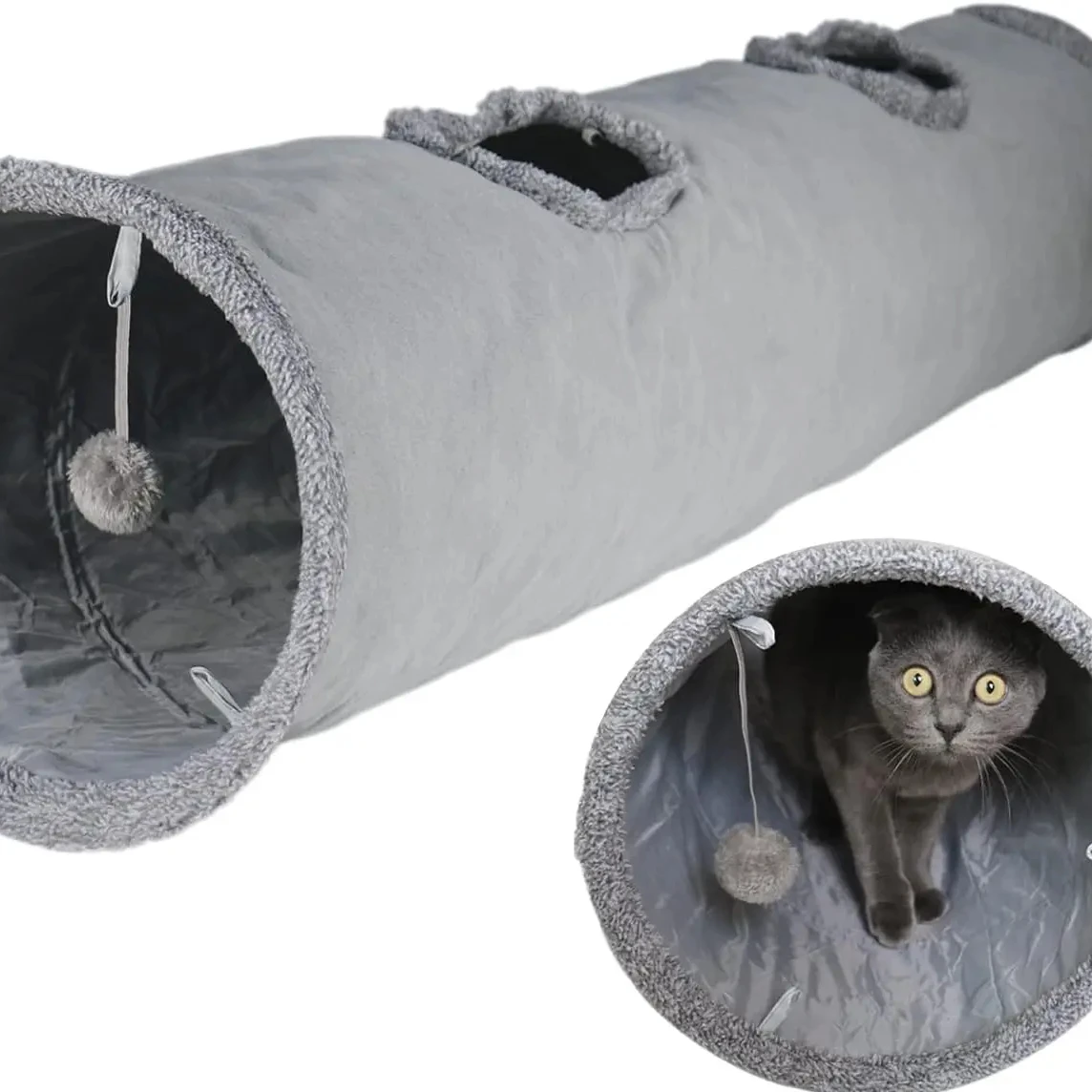 Cat Tunnel for Indoor Cats, 51* 12 inch Foldable Big Cat Tunnel, Grey Suede Pet Tunnels with Two Peepholes and a Bubble Ball