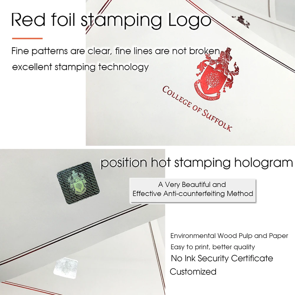 Пользовательский сертификат безопасности A4 бумажная печать с водяным знаком и красной горячей фольгой печатная бумага сертификатом университетского образования
