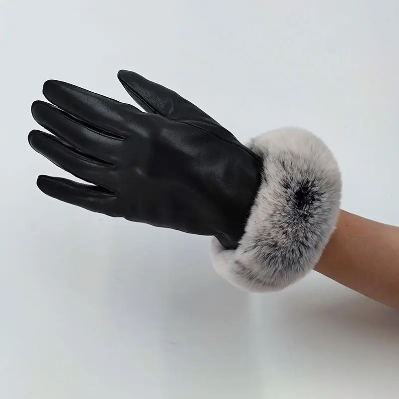 Новая мода из овечьей кожи женская полный палец с мехом кролика Зимние теплые перчатки для сенсорного экрана защитой