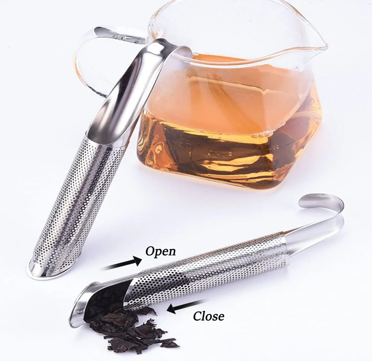 Customized Laser Logo Fine Mesh Tea Diffuser Tea Steeper Long Handle Stick Pipe Stainless Steel Tea Strainer With Hook