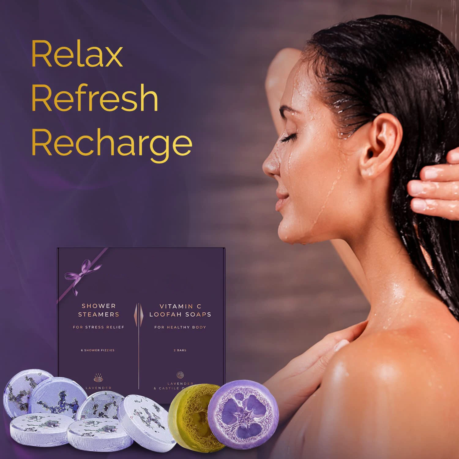 2in1 Aromatherapy Shower Kit of 8 Eucalyptus and Lavender Relaxation Bath Bombs Shower Steamers and Exfoliating Loofah Soaps