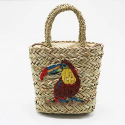 High quality summer straw handwoven handbag beach straw basket crossbody bag with embroidery parrot tote boho bag handmade