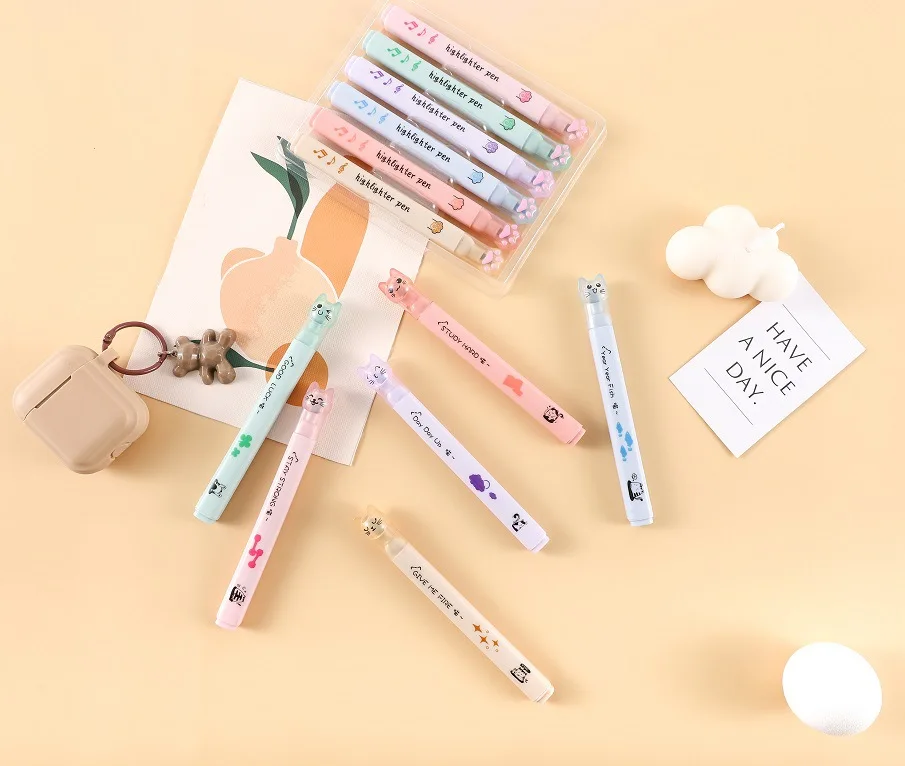 Cute Cat Highlighter Creative Milk Tea Color Student Stationery Accent Marking Hand Account Pen Set