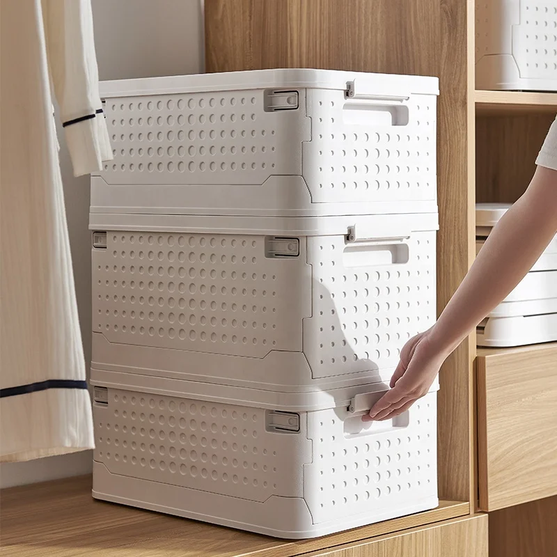 
Home Simple White Foldable Plastic Clothes Storage Box with Wheel 