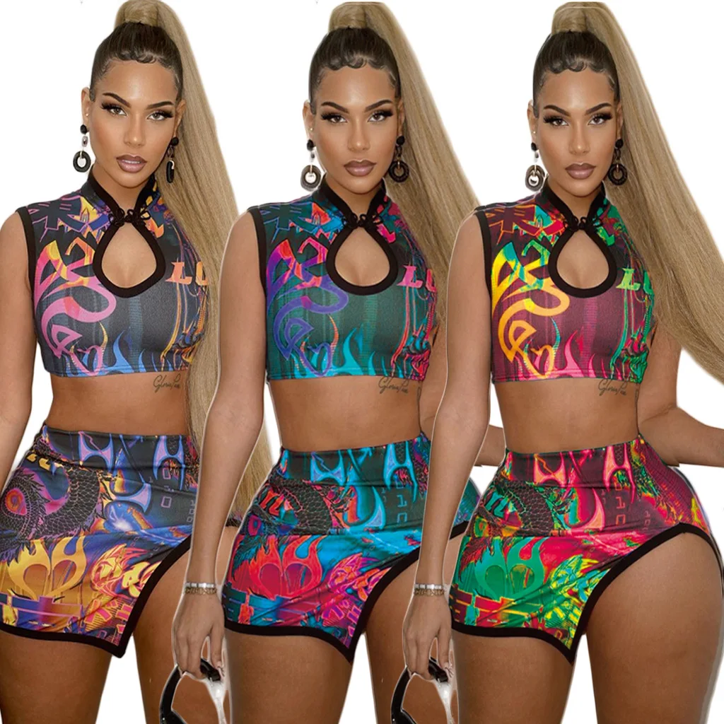 2021 New Fashion Women Sexy Club Dress Two Piece Mini Dress Set Ladies Crop Tops Bodycon Dress Girls Qipao Stylish Set
