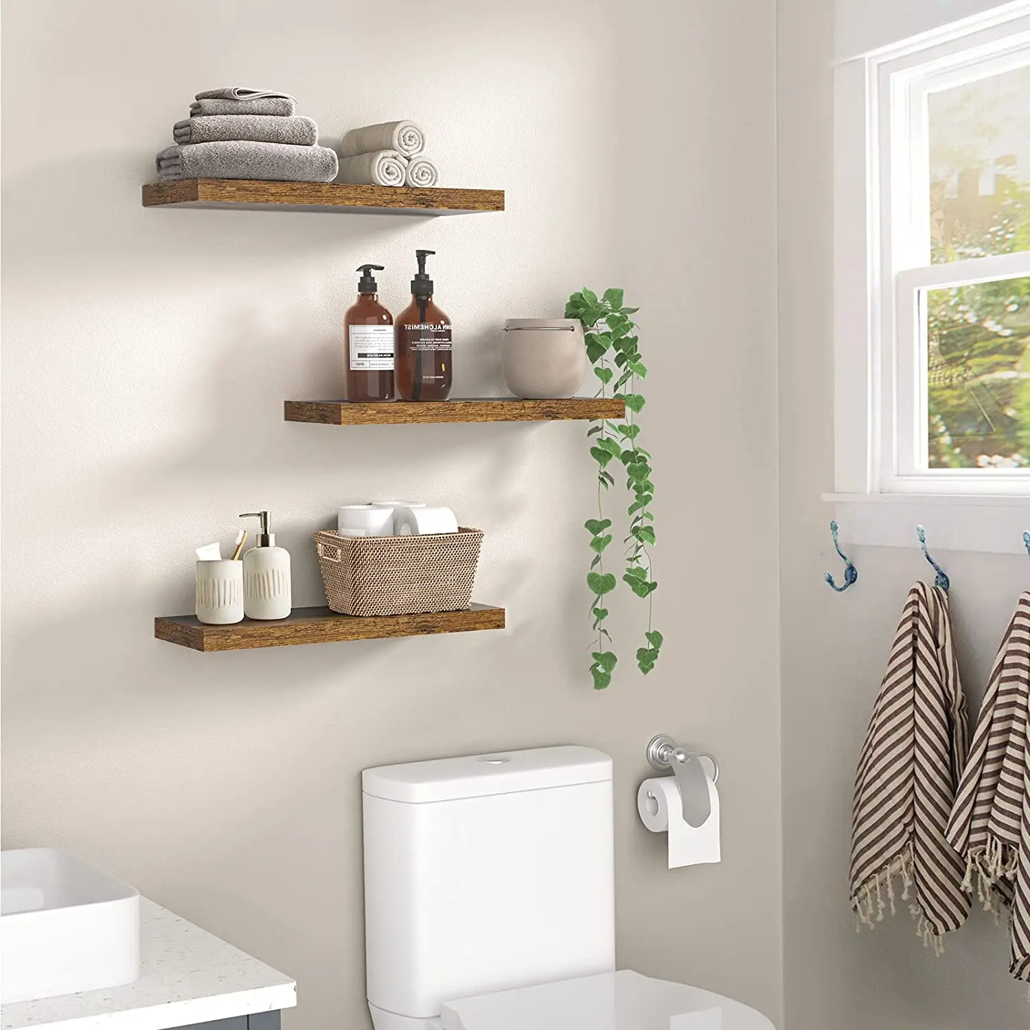 Floating Shelves Wall Mounted Shelf For Bathroom Bedroom Farmhouse Decor Shelf with Invisible Brackets Set of 3, Rustic Brown
