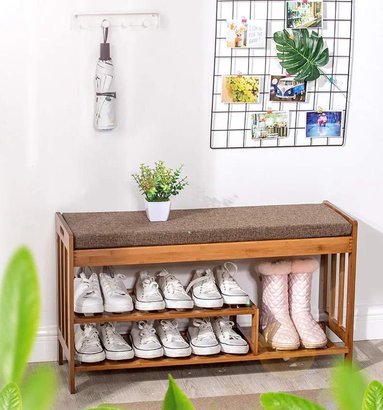 Bamboo Porch Change Shoe Stool with Cushion Sitting Shoes Rack