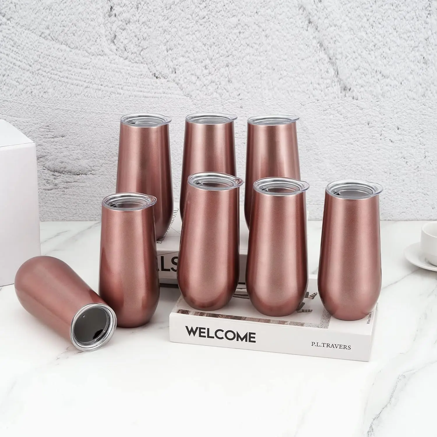 6oz Custom Sublimated Insulated Stainless Champagne Flute Tumbler with Lid Stemless Mug for Gift Giving for Birthday Wedding