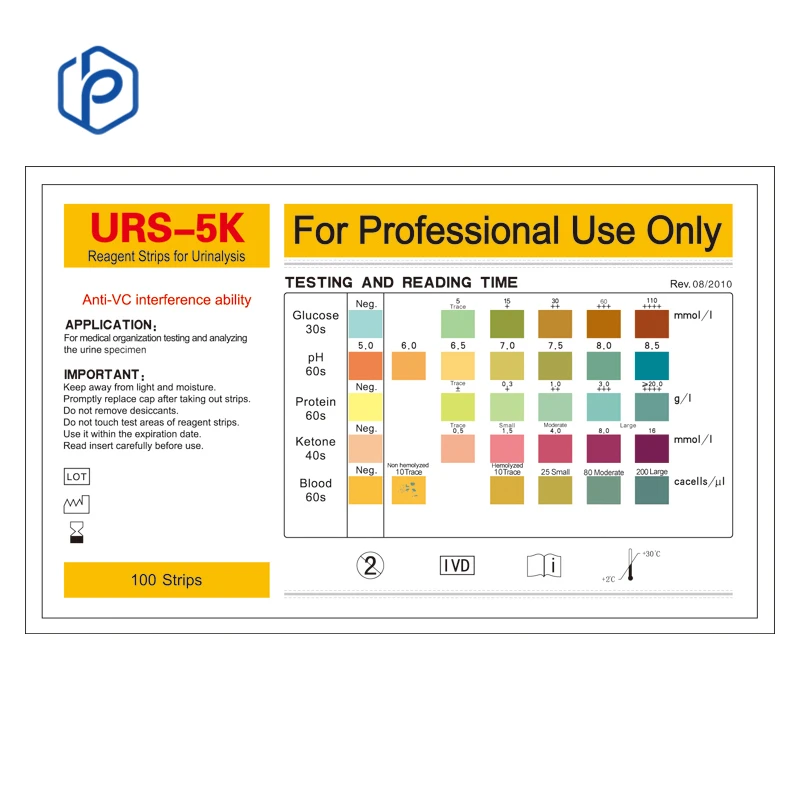 Bld/Ket/Glu/PRO/pH Urine Test Strips 100 Pieces/barrel - 5 Parameters Reagent Strip for Urinalysis