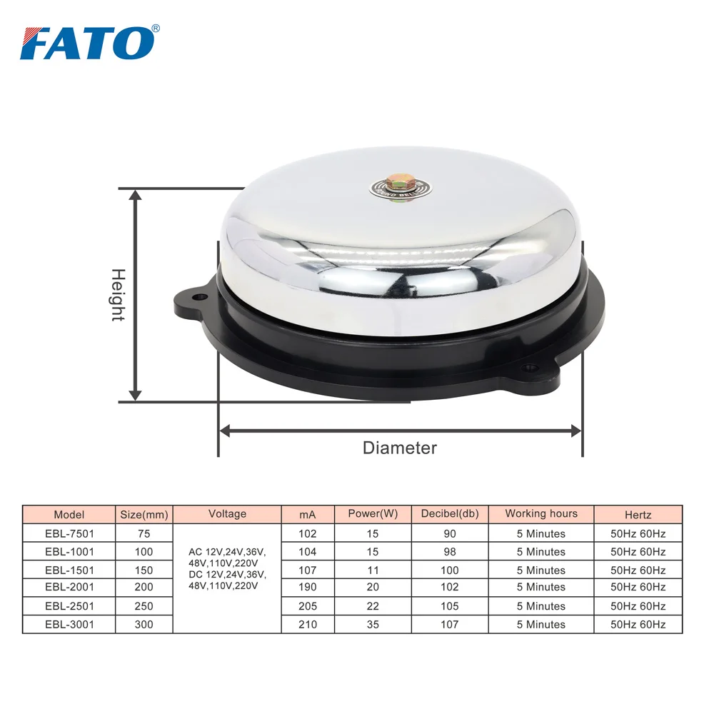 FATO EBL Electric Bell 75-300mm Stainless Steel 98db Factory School 220/110/48/36/24/12V AC DC Emergency Alarm External Striking