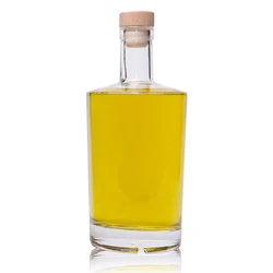 750ml Round Shape Flat Shoulder Vodka Whiskey Glass Liquor Bottle With Wooden Cork