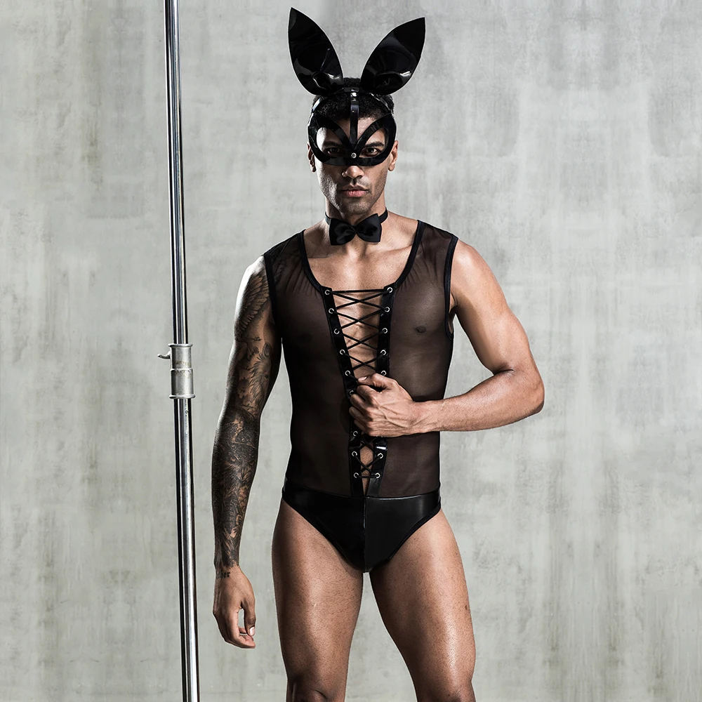 black mesh bodysuit lingerie and rabbit mask cosplay mens bunny Lingerie Sexy Bodysuit Bunny Suit Role Play Costume halloween
