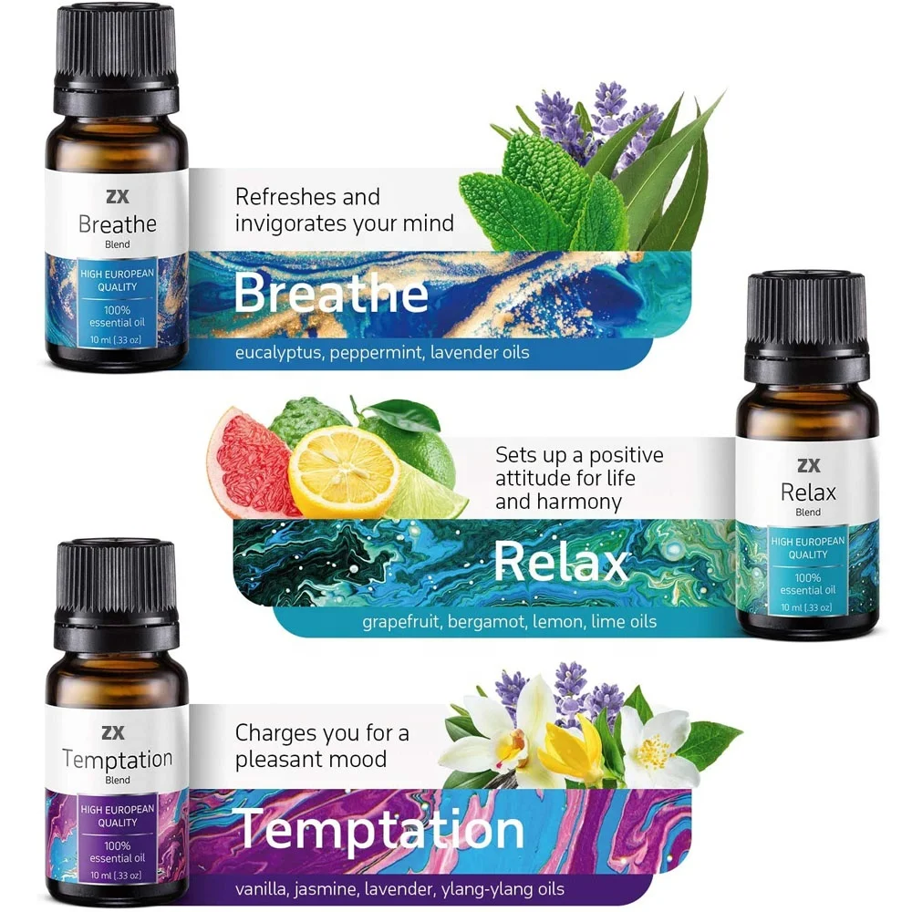 New 100% natural and pure therapeutic grade synergy blends essential oil set for aromatherapy