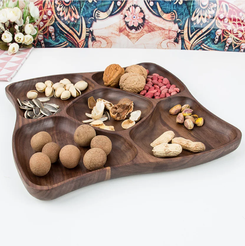 Custom Shape Natural Wood Plate Dishes Decorative Wood Product Serving Tray Appetizer Tray Divided 3 Sections Perfect for Snacks
